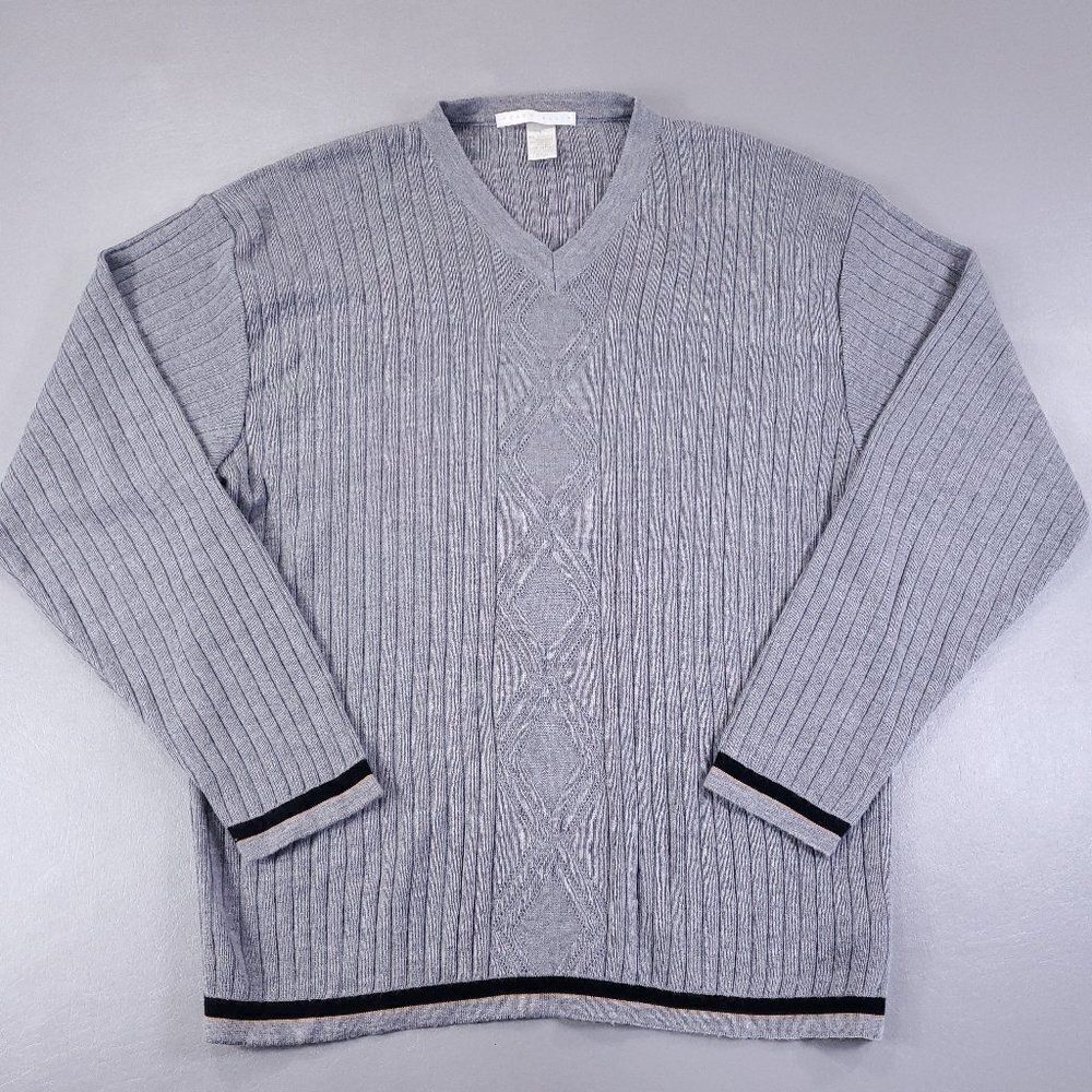 Vintage Perry Ellis V-Neck Sweater Mens Large Gray Merino Wool Made in Italy